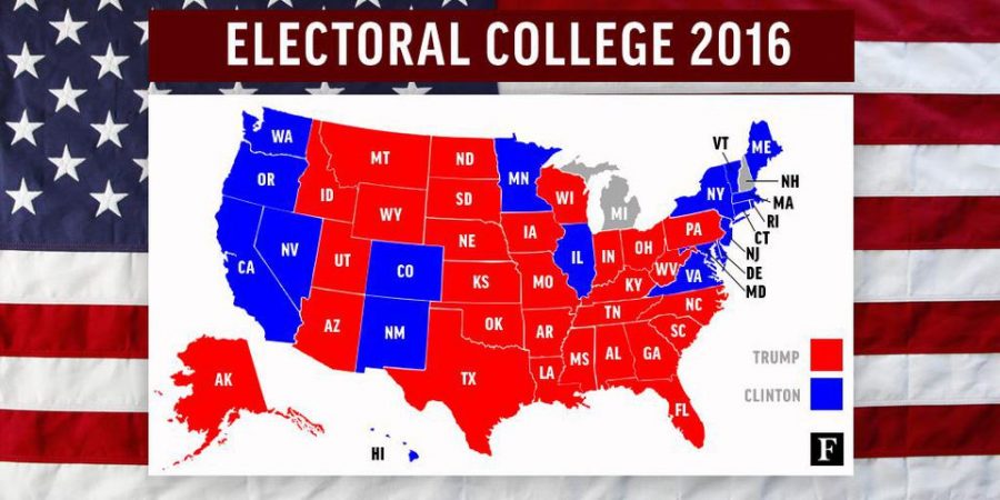 Map of the 2016 Electoral College between Hillary Clinton and Donald Trump.