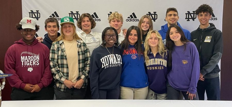On November 10, 2021, 13 Knights signed their letters of intent. Top row: Zackary Tamuslatis ’22 to UCSB, Jack Gurevitch ‘22 to USD, Cole Clark ‘22 to LMU, Branson Lennon ‘22 to USF, Ben Shtolzberg ‘22 to Creighton, Kendall Hailey ‘22 to West Point. Bottom Row: TJ Whiteman ‘22 to Morehouse, Hope Gordon ‘22 to Sac State, Marley Franklin ‘22 to Howard, Annie Bufflino ‘22 to Boise State, Ava McCumber Gandara 22 to UW, and Ariana Urina ‘22 to San Francisco State.