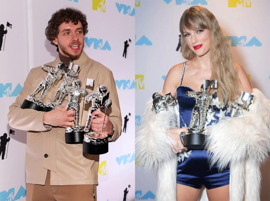 Jack Harlow and Taylor Swift at the 2022 VMAs. | Photos by Christopher Polk and Kevin Mazur, Getty Images