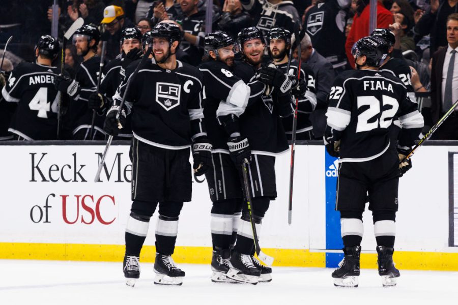 Los+Angeles+Kings+players+celebrate+with+each+other+after+scoring+a+goal+against+the+Edmonton+Oilers.+%28Photo+by+Ric+Tapia%2FIcon+Sportswire+via+Getty+Images%29
