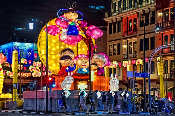 Lantern decorations in honor of Chang’e are shown for the attendees of the Mid-Autumn Festival in Chinatown.