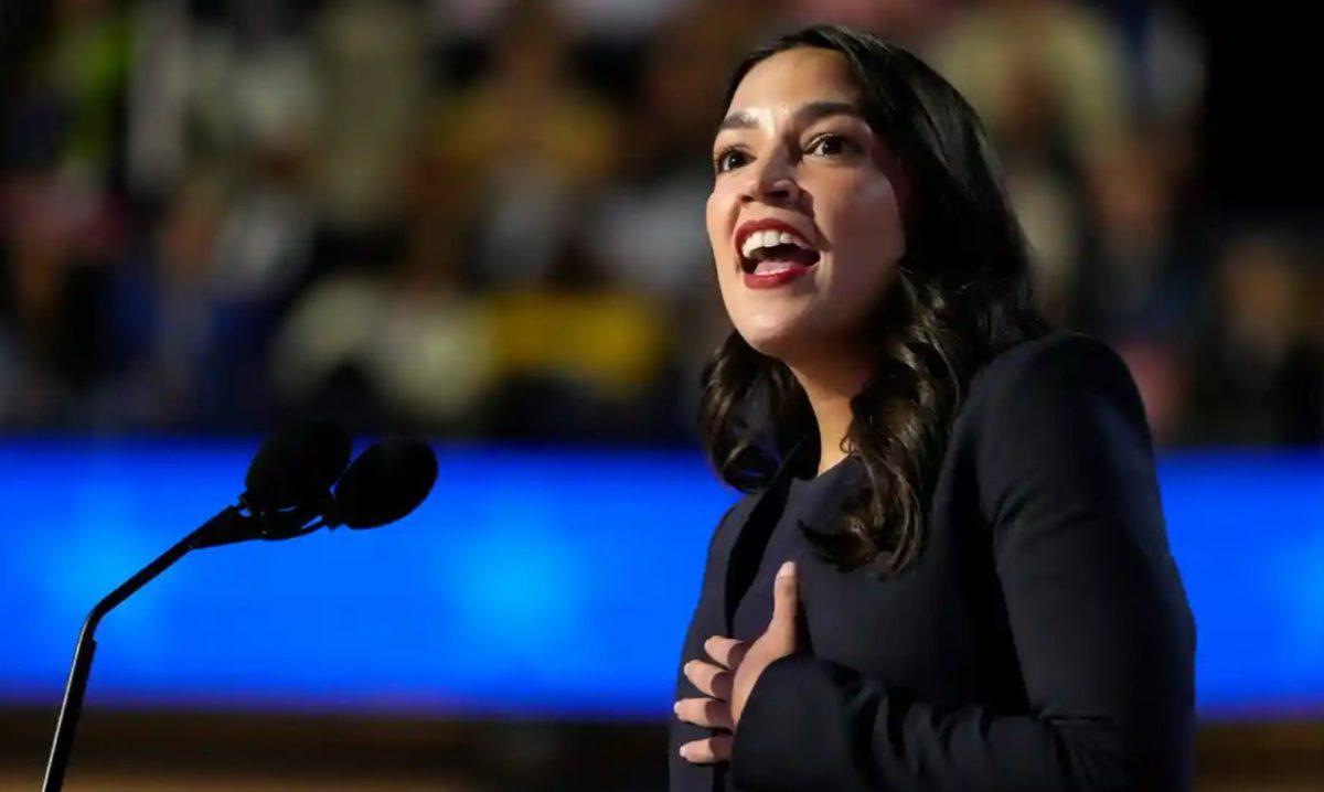 Alexandria Ocasio-Cortez speaks during the first day of the Democratic national convention.