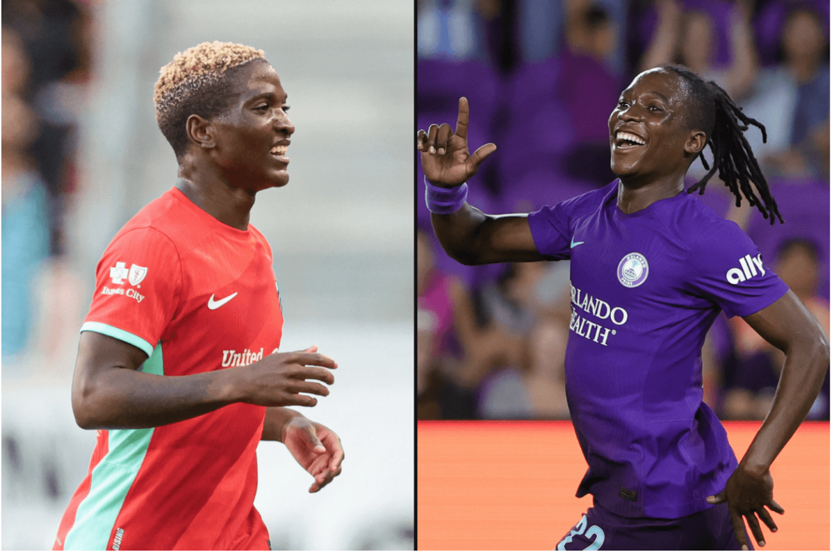 The two top goal scorers Temwa Chawinga (Left) and Barbra Banda (Right) celebrate after scoring goals. (Courtesy of USA Today)