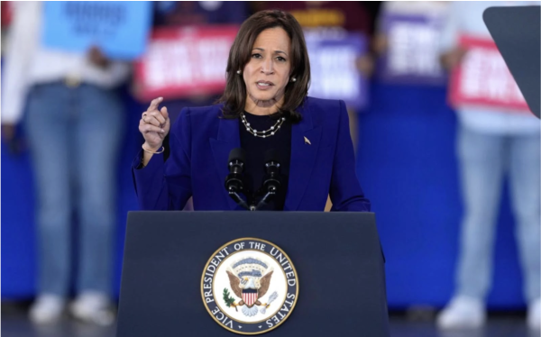 The Democratic nominee for the 2024 election, Kamala Harris, speaks at a campaign event in Phoenix.