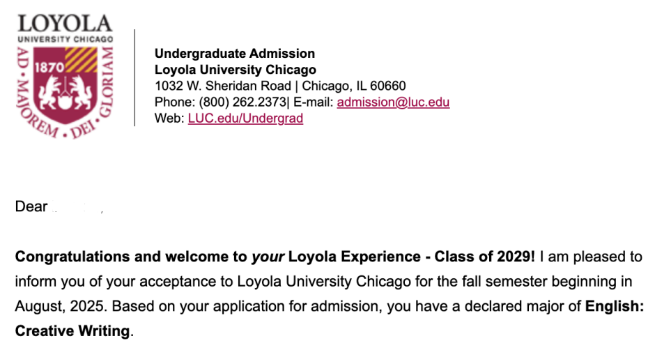 An acceptance letter from University of Loyola Chicago from a rolling application. Given on November 14th, 2024, around three weeks after the applicant submitted.